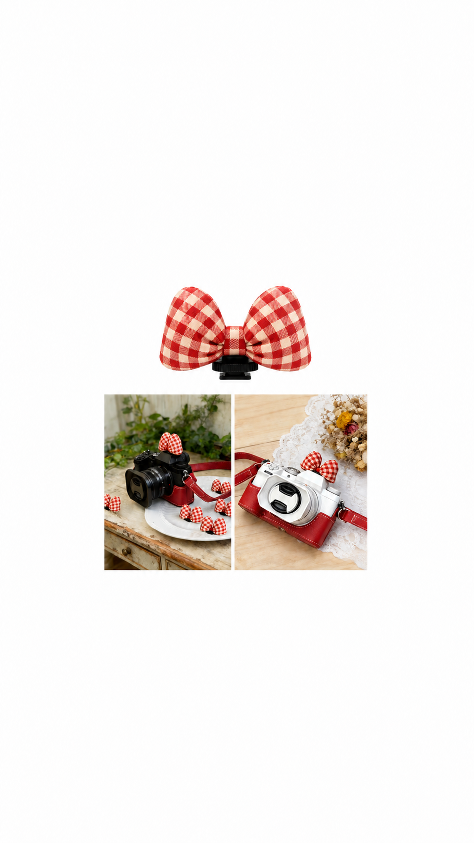 Red and White Gingham Bow Camera Hot Shoe Cover